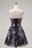 Pink Strapless A-Line Sequin Floral Homecoming Dress with Lace Up Back