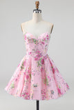 Pink Strapless A-Line Sequin Floral Homecoming Dress with Lace Up Back