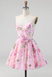 Pink Strapless A-Line Sequin Floral Homecoming Dress with Lace Up Back