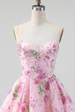 Pink Strapless A-Line Sequin Floral Homecoming Dress with Lace Up Back