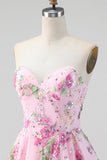 Pink Strapless A-Line Sequin Floral Homecoming Dress with Lace Up Back