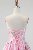 Pink Strapless A-Line Sequin Floral Homecoming Dress with Lace Up Back