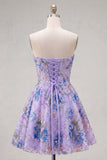 Pink Strapless A-Line Sequin Floral Homecoming Dress with Lace Up Back