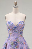 Pink Strapless A-Line Sequin Floral Homecoming Dress with Lace Up Back