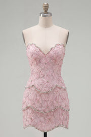Sweetheart Pink Bodycon Mini Cocktail Dress with Beading