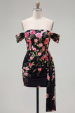Black Off the Shoulder Bodycon Floral Homecoming Dress with Sash
