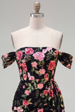 Black Off the Shoulder Bodycon Floral Homecoming Dress with Sash