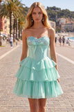 Mint A-Line Sweetheart Corset Chiffon Tiered Homecoming Dress