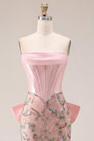 Pink Bodycon Floral Strapless Corset Homecoming Dress with Bow