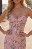 Pink Bodycon Sweetheart Floral Corset Homecoming Dress with Beading