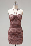 Chocolate Bodycon Halter Neck Ruched Homecoming Dress with Beading
