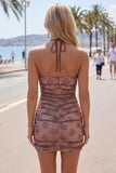 Chocolate Bodycon Halter Neck Ruched Homecoming Dress with Beading
