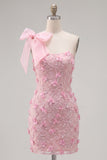 Pink One Shoulder Bowed Bodycon Cocktail Dress with 3D Flowers
