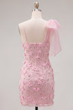 Pink One Shoulder Bowed Bodycon Cocktail Dress with 3D Flowers