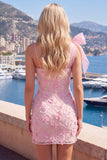 Pink One Shoulder Bowed Bodycon Cocktail Dress with 3D Flowers