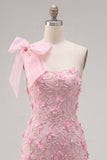 Pink One Shoulder Bowed Bodycon Cocktail Dress with 3D Flowers