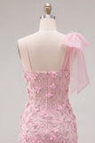 Pink One Shoulder Bowed Bodycon Cocktail Dress with 3D Flowers