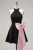 Halter Black A-Line Short Cocktail Dress with Large Bow