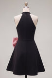 Halter Black A-Line Short Cocktail Dress with Large Bow