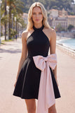 Halter Black A-Line Short Cocktail Dress with Large Bow