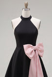 Halter Black A-Line Short Cocktail Dress with Large Bow