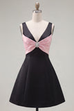 Black Pink A-Line V-Neck Short Party Dress with Rhinestones