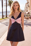 Black Pink A-Line V-Neck Short Party Dress with Rhinestones