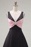 Black Pink A-Line V-Neck Short Party Dress with Rhinestones