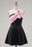 One Shoulder Black Pink A-Line Short Cocktail Dress with Bow