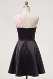 One Shoulder Black Pink A-Line Short Cocktail Dress with Bow