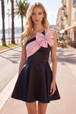 One Shoulder Black Pink A-Line Short Cocktail Dress with Bow