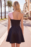 One Shoulder Black Pink A-Line Short Cocktail Dress with Bow