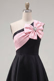 One Shoulder Black Pink A-Line Short Cocktail Dress with Bow