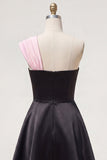One Shoulder Black Pink A-Line Short Cocktail Dress with Bow
