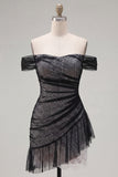 Off the Shoulder Black Bodycon Asymmetrical Cocktail Dress with Ruffles