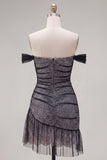 Off the Shoulder Black Bodycon Asymmetrical Cocktail Dress with Ruffles