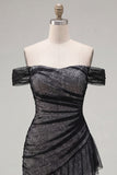Off the Shoulder Black Bodycon Asymmetrical Cocktail Dress with Ruffles
