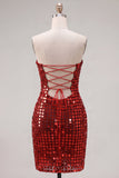 Sparkly Gold Strapless Bodycon Sequin Cocktail Party Dress with Lace Up Back