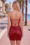 Sparkly Gold Strapless Bodycon Sequin Cocktail Party Dress with Lace Up Back