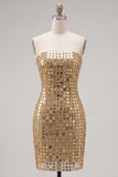 Sparkly Gold Strapless Bodycon Sequin Cocktail Party Dress with Lace Up Back