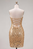 Sparkly Gold Strapless Bodycon Sequin Cocktail Party Dress with Lace Up Back