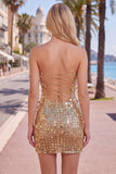 Sparkly Gold Strapless Bodycon Sequin Cocktail Party Dress with Lace Up Back