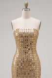 Sparkly Gold Strapless Bodycon Sequin Cocktail Party Dress with Lace Up Back