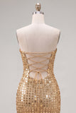 Sparkly Gold Strapless Bodycon Sequin Cocktail Party Dress with Lace Up Back