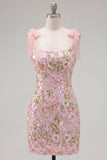 Sparkly Pink Bodycon Sequin Cocktail Dress with Bow Straps