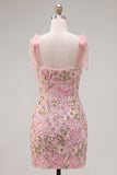 Sparkly Pink Bodycon Sequin Cocktail Dress with Bow Straps