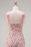 Sparkly Pink Bodycon Sequin Cocktail Dress with Bow Straps