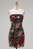 Strapless Black Red Floral Embroidered Bodycon Cicktail Dress