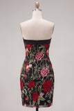 Strapless Black Red Floral Embroidered Bodycon Cicktail Dress