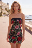 Strapless Black Red Floral Embroidered Bodycon Cicktail Dress